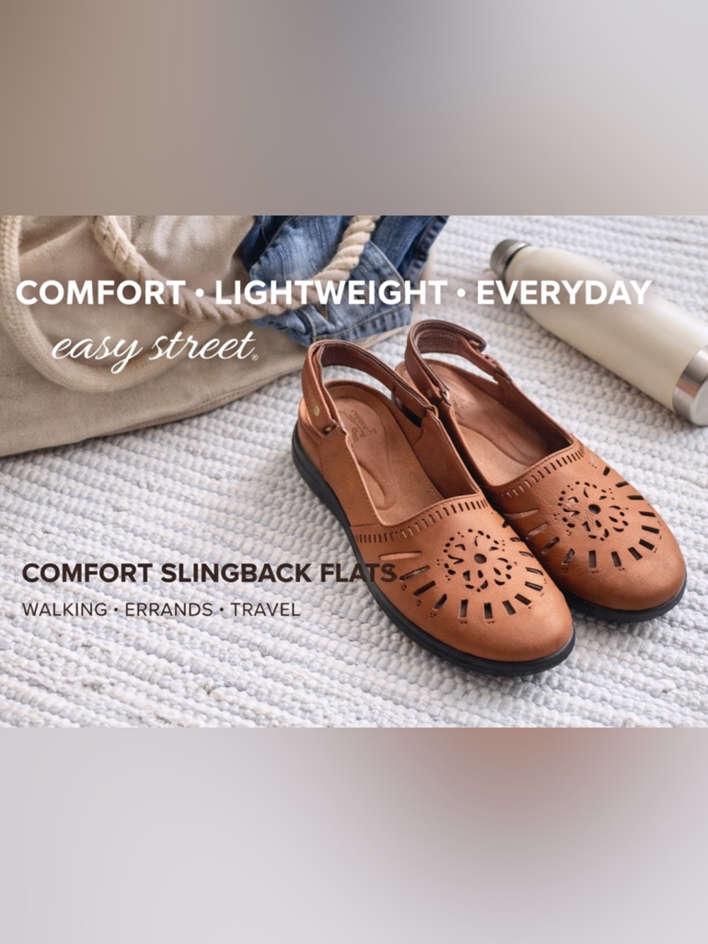 Easy Street Comfort Slingback Flats Brown Cutout Slip On Walking 7